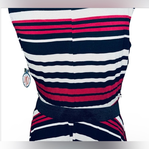 SIGNATURE BELTED STRIPED DRESS SCOOP NECK WOMENS CASUAL SLEEVELESS SIZE PLARGE - Picture 6 of 16